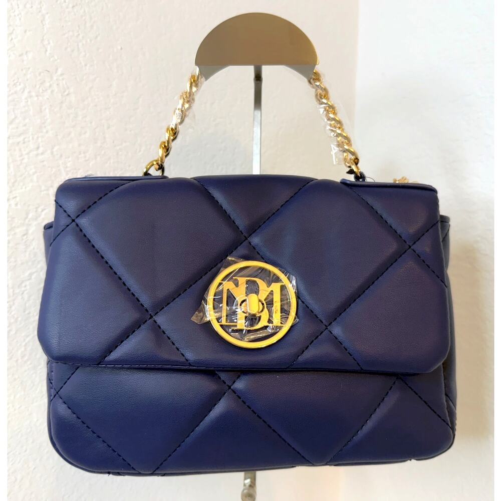 Badgley Mischka Navy Quilted Top Handle Handbag‎ Letter Lock NWT